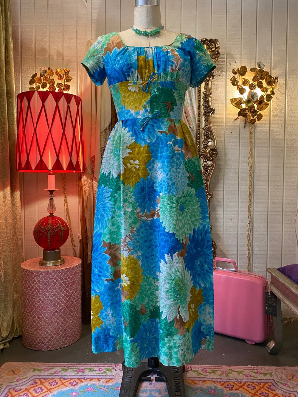 vintage 1960s hawaiian maxi dress, sun fashion, tiki print, aqua floral, mod, sm